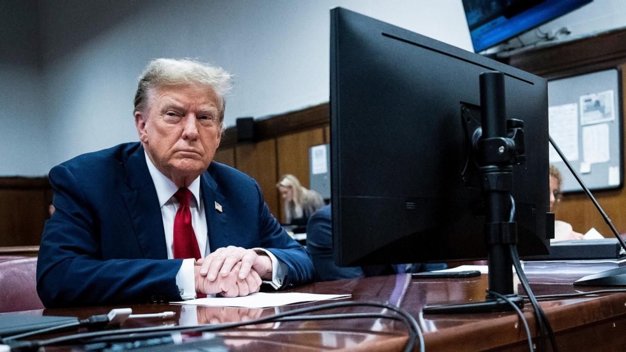 PHOTO: Former President Donald Trump appears ahead of the start of jury selection at Manhattan Criminal Court, Apr. 15, 2024, in New York City.  (Jabin Botsford/Pool via Getty Images)