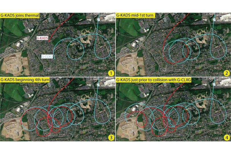 Four images show two paths, marked in red and blue, taken by gliders that collided in midair over Melton Mowbray.