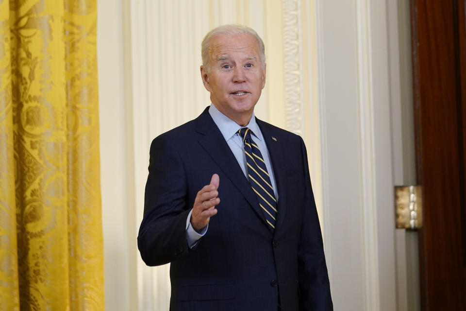 President Joe Biden turns back to answer a reporters question after he spoke from the East Room of the White House in Washington, Monday, Dec. 6, 2021, on his administrations plans to lower the costs of prescription drugs, letting Medicare negotiate drug prices, capping how much seniors and people with disabilities have to pay for drugs. (AP Photo/Susan Walsh)