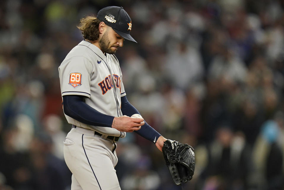 Houston Astros starting pitcher Lance McCullers Jr. reacts after giving up a run to the New York Yankees during the first inning of Game 4 of an American League Championship baseball series, Sunday, Oct. 23, 2022, in New York. (AP Photo/Seth Wenig)