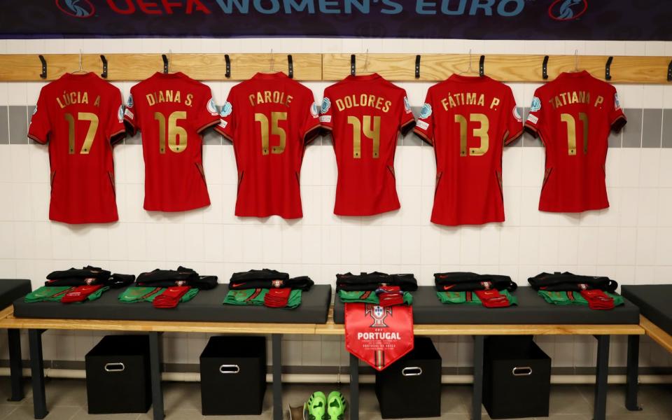 LEIGH, ENGLAND - JULY 09: General view inside the Portugal dressing room prior to the UEFA Women's Euro 2022 group C match between Portugal and Switzerland at Leigh Sports Village on July 09, 2022 in Leigh, England. - Charlotte Tattersall/UEFA