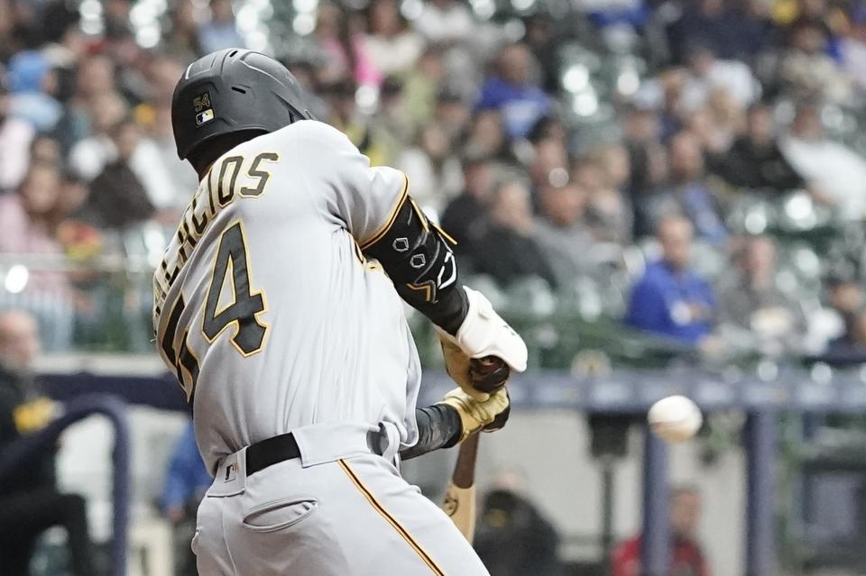 Pittsburgh Pirates' Josh Palacios hits a double during the ninth inning of a baseball game against the Milwaukee Brewers Friday, June 16, 2023, in Milwaukee. (AP Photo/Morry Gash)