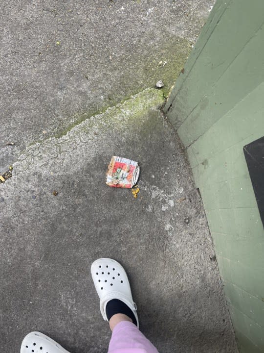 A can in downtown Portland is suspected to be one of many thrown from a high-rise apartment. May 16, 2024 (courtesy Lauren Ellis).