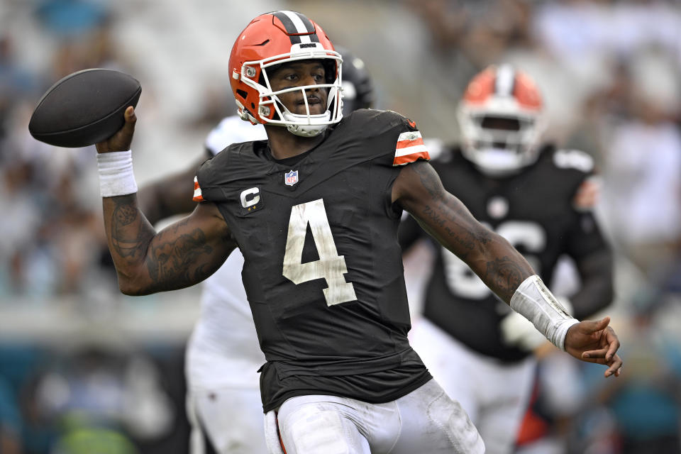 Cleveland Browns quarterback Deshaun Watson (4) looks for an open receiver during the second half of an NFL football game against the Jacksonville Jaguars Sunday, Sept. 15, 2024, in Jacksonville, Fla. (AP Photo/Phelan M. Ebenhack)