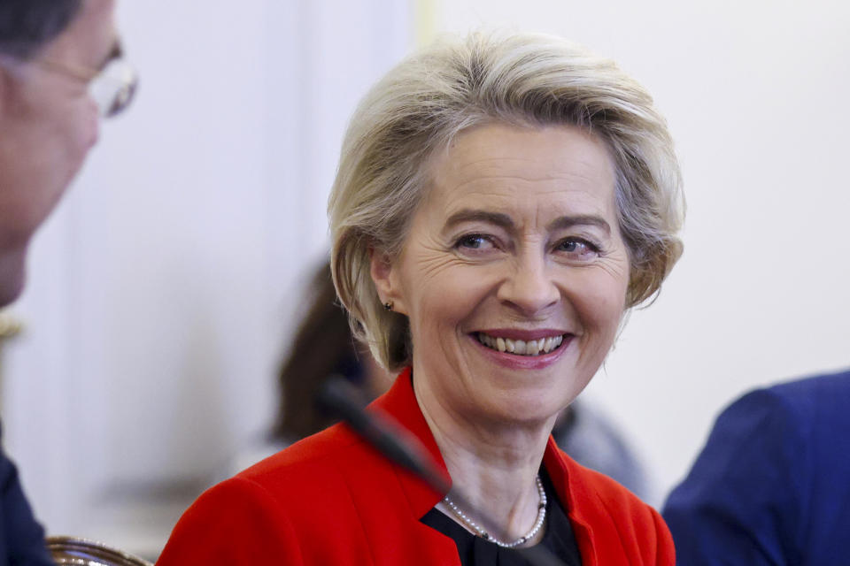 European Commission President Ursula von der Leyen, smiles at the start of her meeting with the members of the Bosnian Presidency in Sarajevo, Bosnia, Tuesday, Jan. 23, 2024. (AP Photo/Armin Durgut)