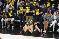 Utah Jazz forward Bojan Bogdanovic (44) reacts after missing a 3-pointer against the Los Angeles Clippers during the first half of Game 5 of a second-round NBA basketball playoff series Wednesday, June 16, 2021, in Salt Lake City. (AP Photo/Rick Bowmer)