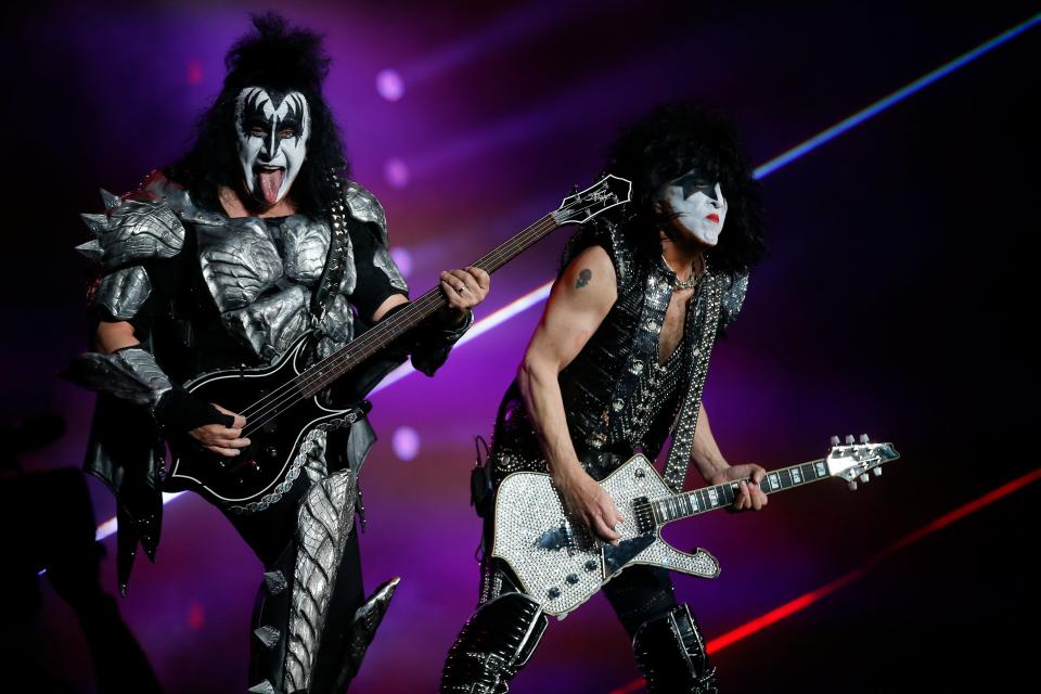 Gene Simmons and Paul Stanley, of the rock band Kiss performs at the Domination music festival in Mexico City.