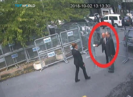 A still image taken from CCTV video and obtained by TRT World claims to show Saudi journalist Jamal Khashoggi, highlighted in a red circle by the source, as he arrives at Saudi Arabia's Consulate in Istanbul, Turkey October 2, 2018. Courtesy TRT World/Handout via Reuters