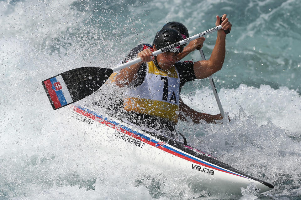 LONDON, ENGLAND - JULY 30: Peter Hochschorner and Pavol Hochschorner of Slovakia compete in the Men's Canoe Double (C2) Slalom heats on Day 3 of the London 2012 Olympic Games at Lee Valley White Water Centre on July 30, 2012 in London, England. (Photo by Quinn Rooney/Getty Images)