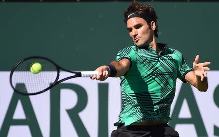 Mar 19, 2017; Indian Wells, CA, USA; Roger Federer (SUI) as he defeated Stan Wawrinka (not pictured) 7-6, 6-4 in the men's final in the BNP Paribas Open at the Indian Wells Tennis Garden. Mandatory Credit: Jayne Kamin-Oncea-USA TODAY Sports