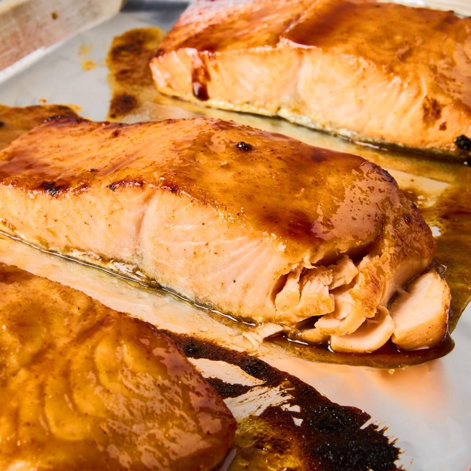 tender, flaky broiled salmon glazed with a sweet, slightly tart glaze of brown sugar, dijon mustard, lime juice, fish sauce, and berbere spice