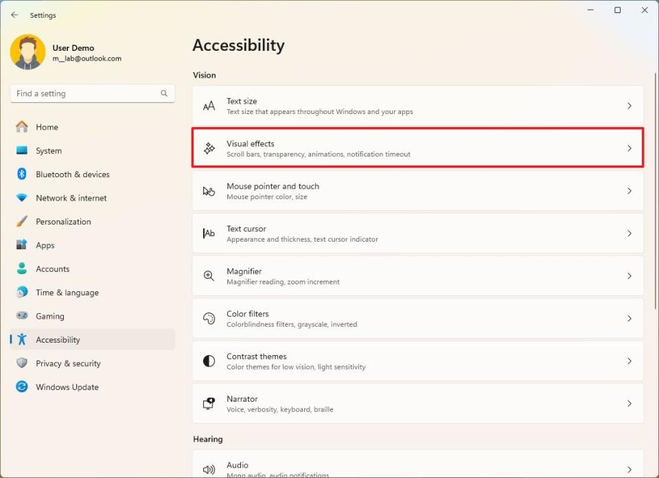 Open Visual Effects settings