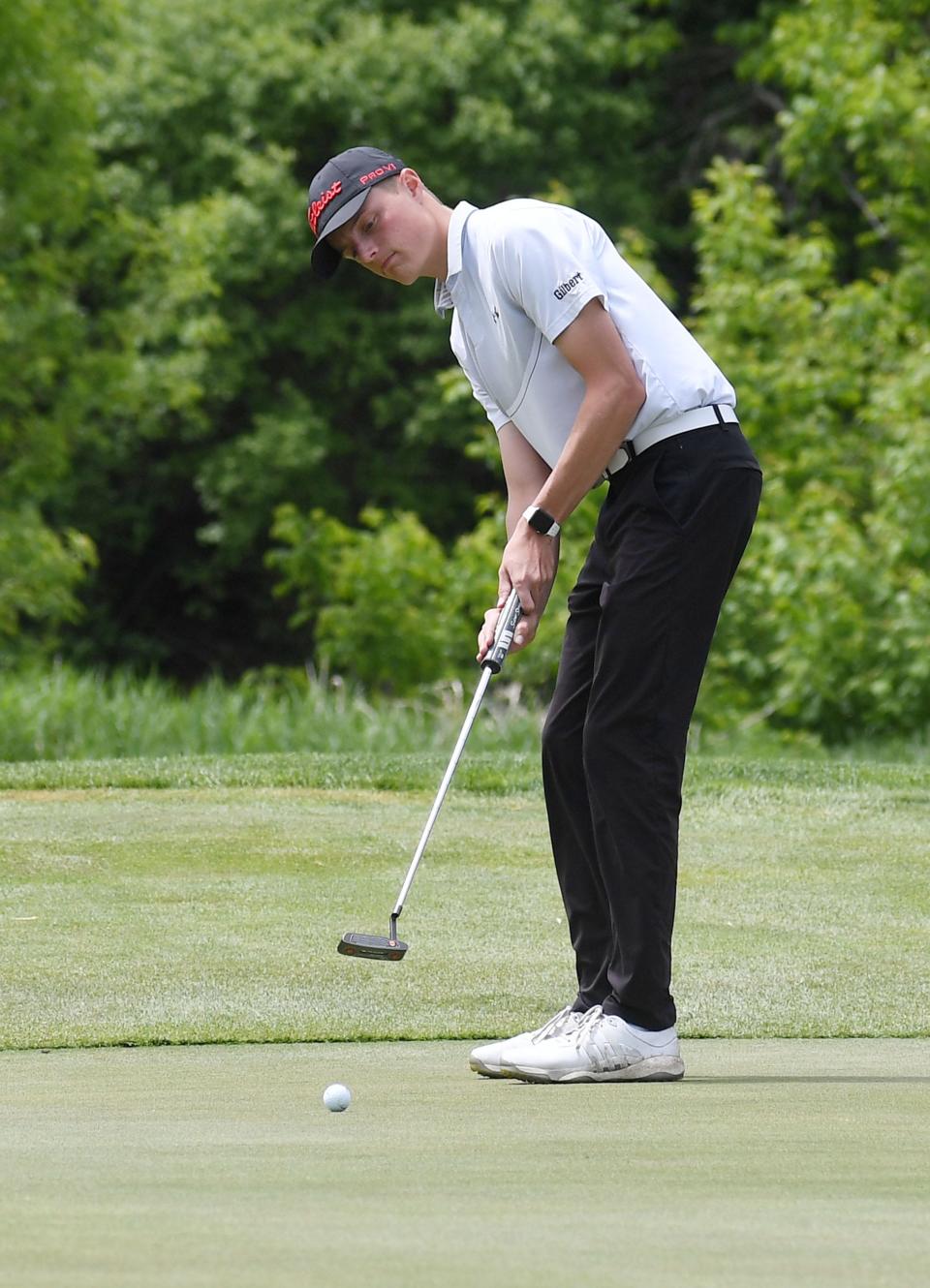 Gilbert's Sawyer Hansen is tied for third place individually with a three-over-par score of 75 over the first 18 holes of the Class 3A boys state golf meet Monday at the Veenker Memorial Golf Course in Ames. Gilbert leads the team standings after the first day by 12 strokes with a score of 314.