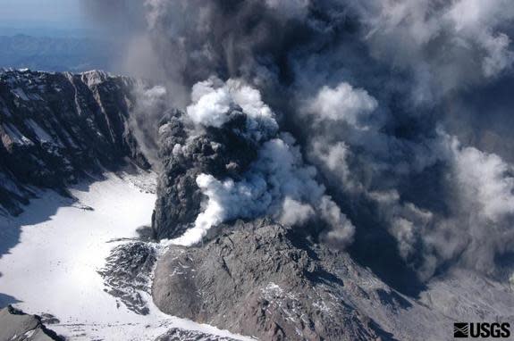 A small ash eruption at Mount St. Helens in Washington.