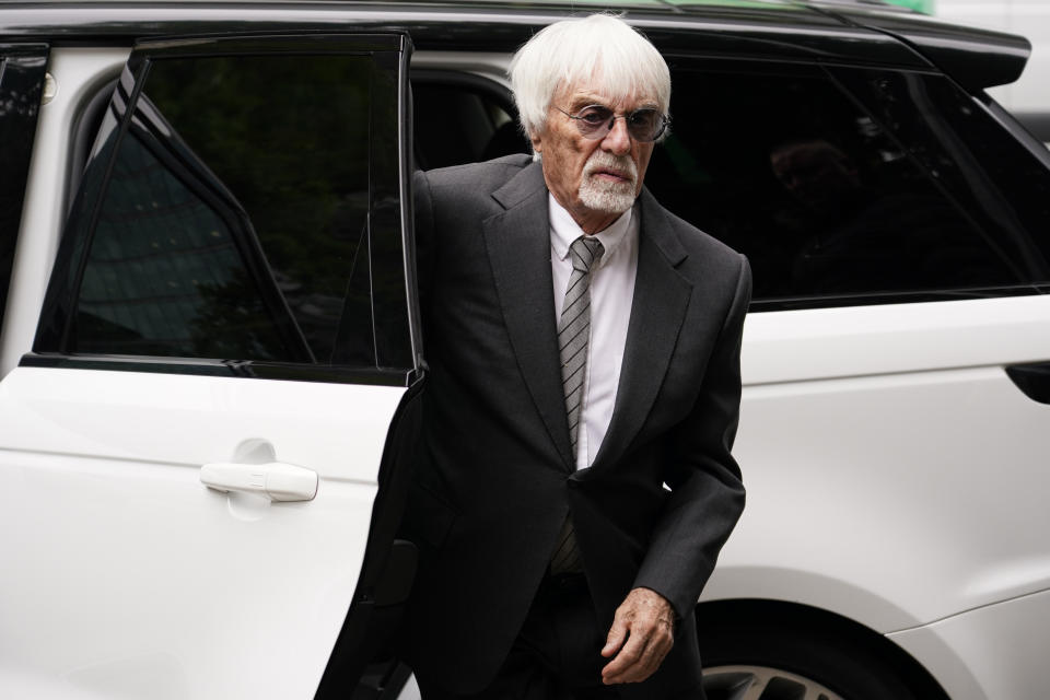 Former Formula One boss Bernie Ecclestone arrives for a hearing at Southwark Crown Court, in London Tuesday June, 6, 2023. Ecclestone is charged with fraud by false representation over an alleged failure to declare £400 million of overseas assets to the Government. (AP Photo/Alberto Pezzali)