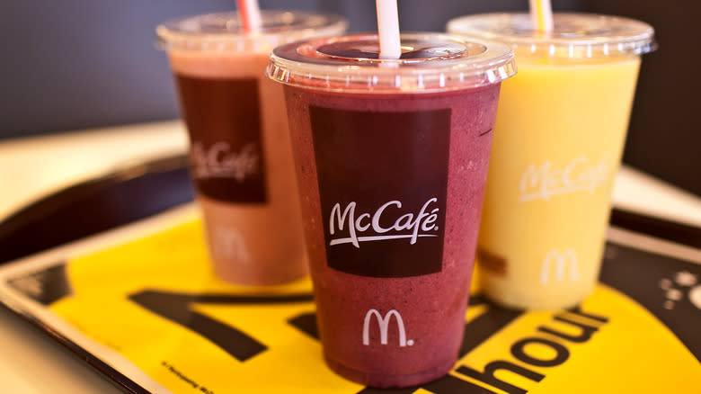 McDonald's fruit smoothies on tray