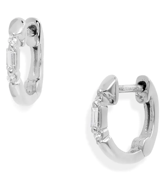 Dana Rebecca Designs Sadie Pearl Mini Baguette Diamond Huggie Hoop Earrings. Image via Nordstrom.