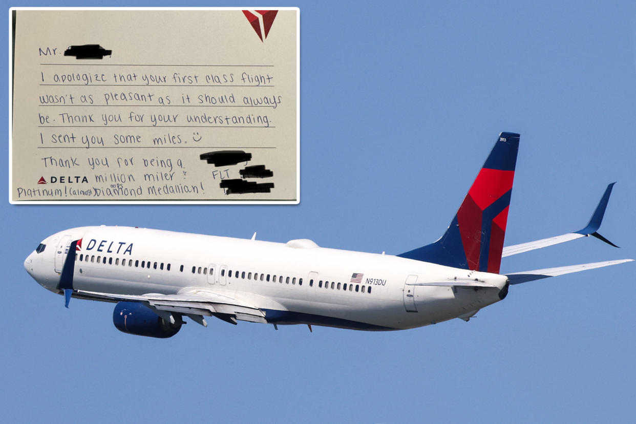 A Delta Airlines plane takes off with a note from the flight attendant