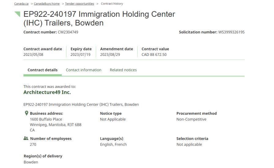 Contracts dated May 2023 on the CanadaBuys website showed that the Canada Border Services Agency planned to install trailers to detain migrants on the site of Bowden Institution, a federal prison in Innisfail, Alt.