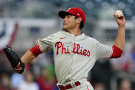 Philadelphia Phillies starting pitcher Matt Moore delivers in the first inning of a baseball game against the Atlanta Braves, Sunday, April 11, 2021, in Atlanta. (AP Photo/John Bazemore)