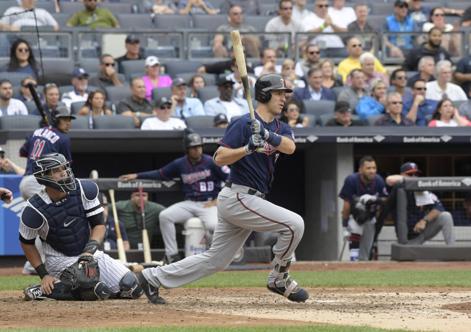 Minnesota Twins’ Joe Mauer collected his 400th career double Thursday night in Detroit. (AP Photo/Bill Kostroun)