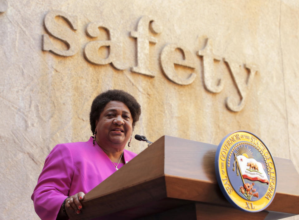 Assemblywoman Shirley Weber, D-San Diego, discusses her measure that limits the use of lethal force by law enforcement, during a bill signing ceremony in Sacramento, Calif., Monday, Aug. 19, 2019. Gov. Gavin Newsom signed Weber's bill, AB392, that would bar police from using lethal force unless it is necessary to prevent imminent threat of death or serious injury to themselves and others. (AP Photo/Rich Pedroncelli)