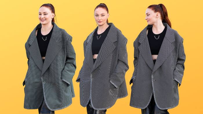 Sophie Turner in the Louis Vuitton oversized masculine micro-check blazer at Paris Fashion Week