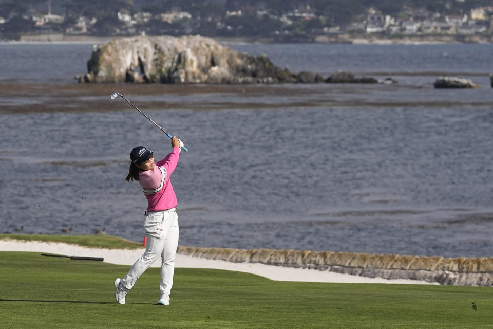 Nasa Hataoka, of Japan, hits from the 18th fairway during the third round of the U.S. Women's Open golf tournament at the Pebble Beach Golf Links, Saturday, July 8, 2023, in Pebble Beach, Calif. (AP Photo/Darron Cummings)