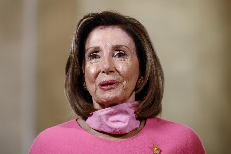 House Speaker Nancy Pelosi of Calif., speaks during an interview with The Associated Press on Capitol Hill in Washington, Wednesday, May 13, 2020. (AP Photo/Patrick Semansky)