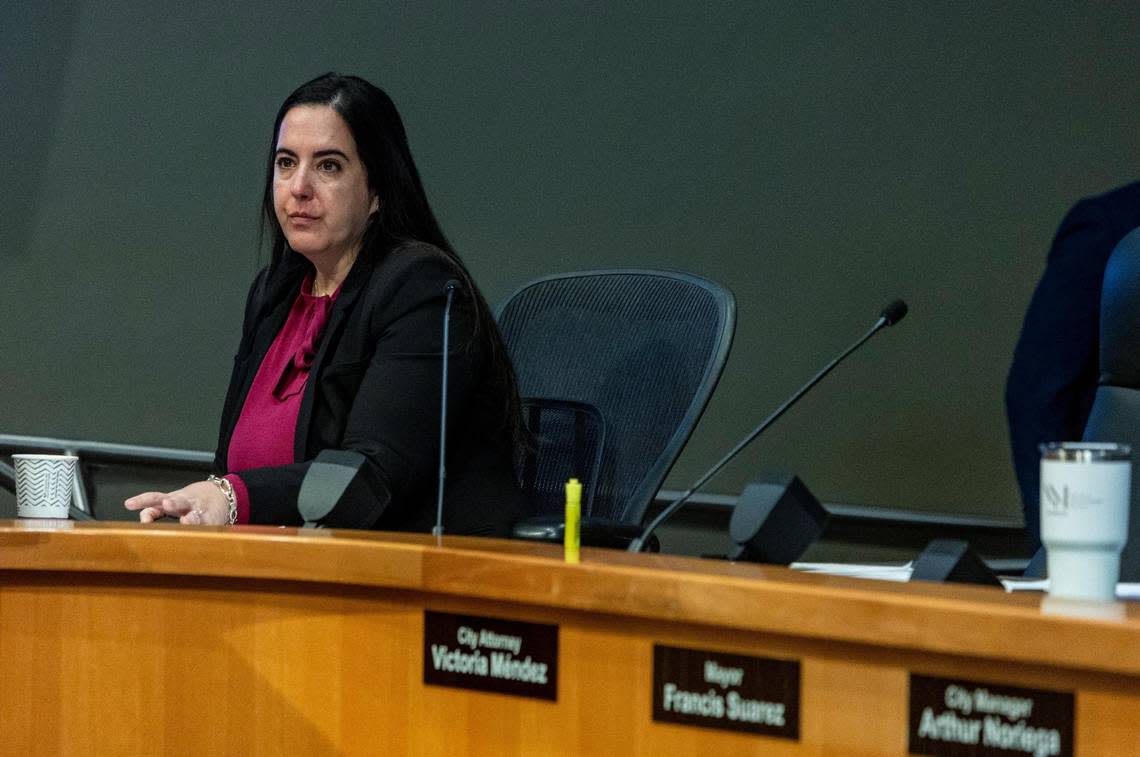 Miami City Attorney Victoria Mendez listens to public comment portion during the commission meeting on Jan. 11, 2024.