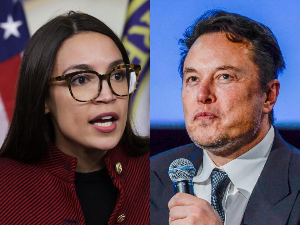 A composite of Rep. Alexandria Ocasio-Cortez speaking while standing in front of an American flag and Elon Musk holding a microphone with a pensive look on his face