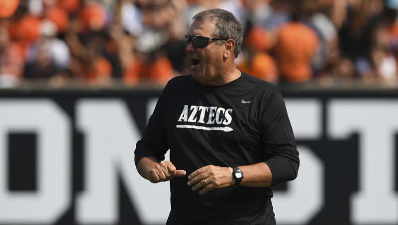 San Diego State coach Brady Hoke before the start of a game against Oregon State on Saturday, Sept. 16, 2023, in Corvallis, Ore.