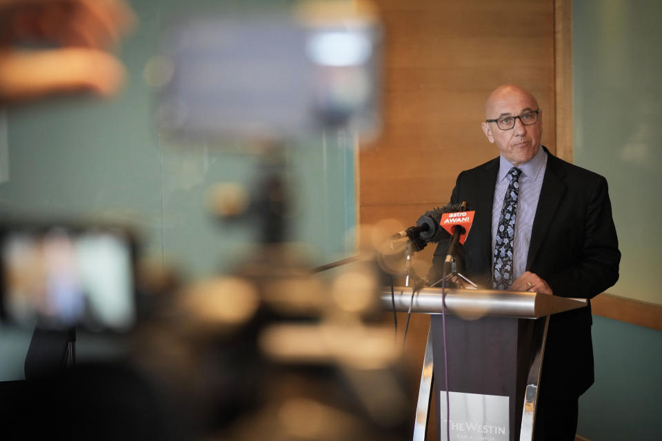 Tom Andrews, the U.N. special rapporteur speaks during a press conference at a hotel in Kuala Lumpur, Malaysia, Thursday, June 23, 2022. Military-ruled Myanmar's promise of free and fair elections next year is “preposterous,” Andrews said Thursday as he warned the international community not to fall for the army regime's “propaganda” to legitimize its rule. (AP Photo/Vincent Thian)