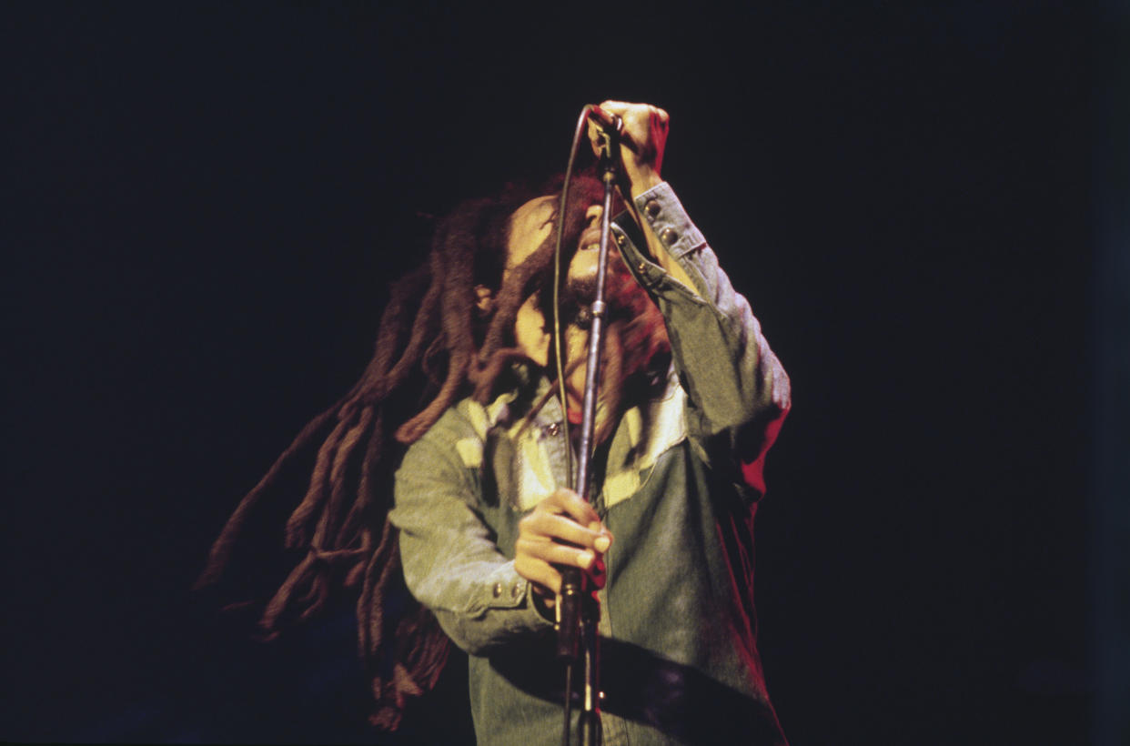 Jamaican reggae singer Bob Marley gives the last concert of his French tour at Le Bourget. The event was the biggest concert France has ever seen. (Photo by © Jacques Pavlovsky/Sygma/CORBIS/Sygma via Getty Images)