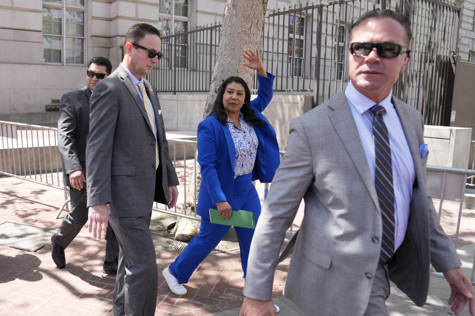 San Francisco Mayor London Breed waves after speaking at a rare outdoor meeting of the Board of Supervisors at UN Plaza in San Francisco, Tuesday, May 23, 2023. Mayor Breed attempted to answer questions from supervisors demanding her administration do more to shut down open-air drug dealing, but the meeting had to be moved indoors to City Hall because of disruptions. (AP Photo/Eric Risberg)