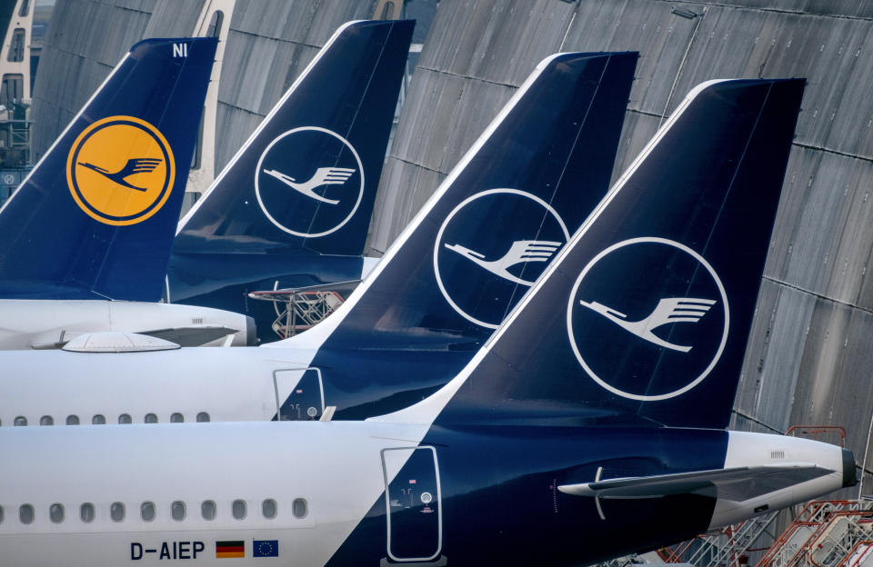 Lufthansa aircrafts are parked at the airport in Frankfurt, Germany, Thursday, March 7, 2024. German Lufthansa airline and the airport security staff are on a strike causing the cancellation go most of the flights. (AP Photo/Michael Probst)