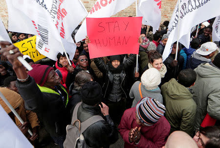 Demonstrators march during an anti-racism rally in Macerata, Italy, February 10, 2018. REUTERS/Yara Nardi