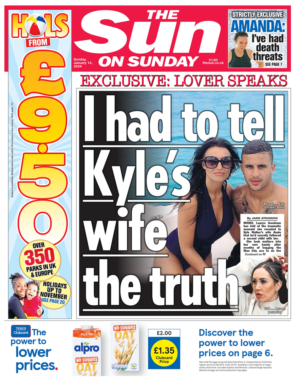 The headline on the front page of the Sun on Sunday reads: "I had to tell Kyle's wife the truth"