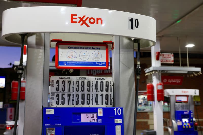 FILE PHOTO: Signage is seen on a gasoline pump at an Exxon gas station in Brooklyn, New York City