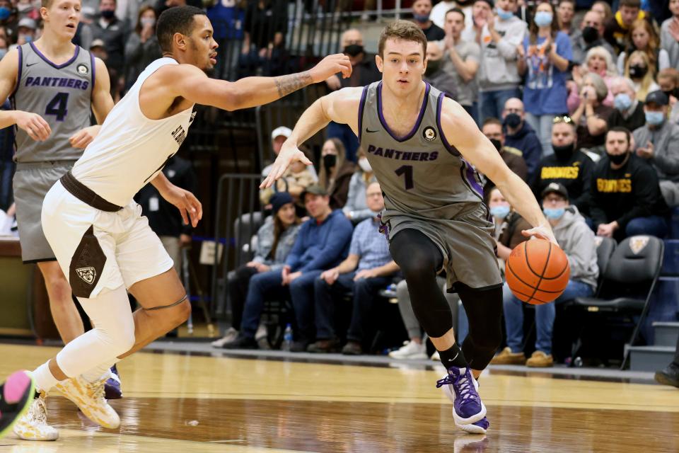 St. Bonaventure guard Dominick Welch (1) guards Northern Iowa forward Cole Henry (1) during the second half of an NCAA college basketball game, Saturday, Nov. 27, 2021, in Olean, N.Y.