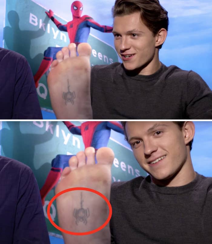 Closeup of Tom Holland's spider tattoo on his foot