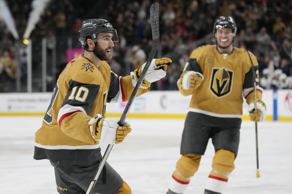 Vegas Golden Knights center Nicolas Roy (10) celebrates after scoring against the Vegas Golden Knights during the second period of an NHL hockey game Thursday, Jan. 12, 2023, in Las Vegas. (AP Photo/John Locher)