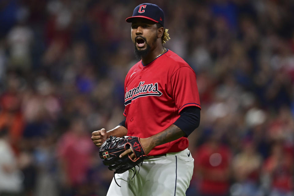 Cleveland Guardians relief pitcher Emmanuel Clase reacts after his team defeated the Chicago White Sox in a baseball game, Monday, July 11, 2022, in Cleveland. (AP Photo/David Dermer)