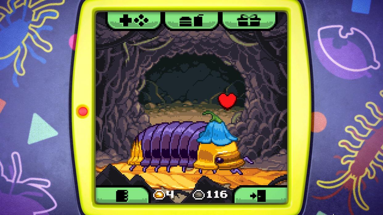  Bugaboo Pocket - a virtual pet showing a purple and yellow rubber ducky isopod wearing a blue flower hat. 