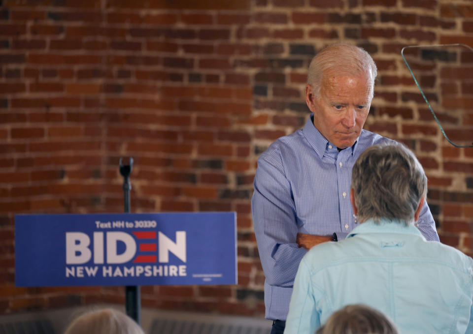  Joe Biden listens to a question from a member of the audience during a campaign stop on Friday in Laconia, N.H. 