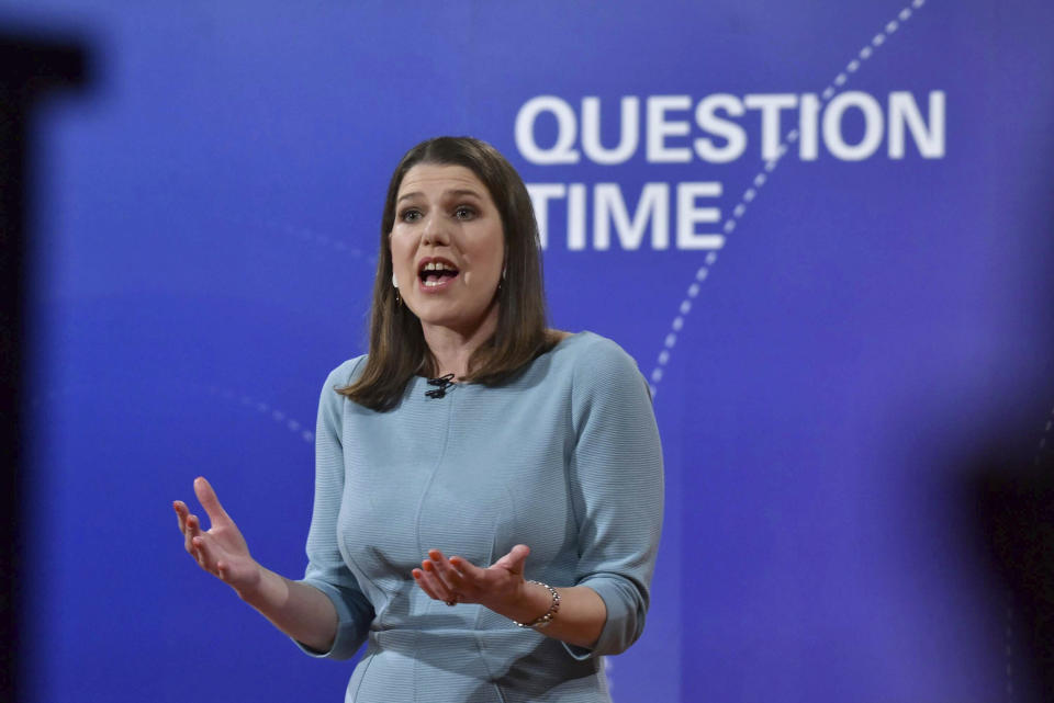 Liberal Democrats Leader Jo Swinson speaks during a BBC Question Time live election debate, in Sheffield, England, Friday, Nov. 22, 2019. ( Jeff Overs/BBC via AP)