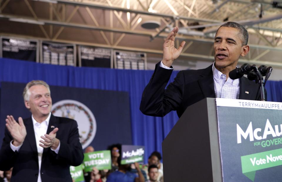 U.S. President Obama delivers remarks at a campaign event for McAuliffe for Governor in Arlington
