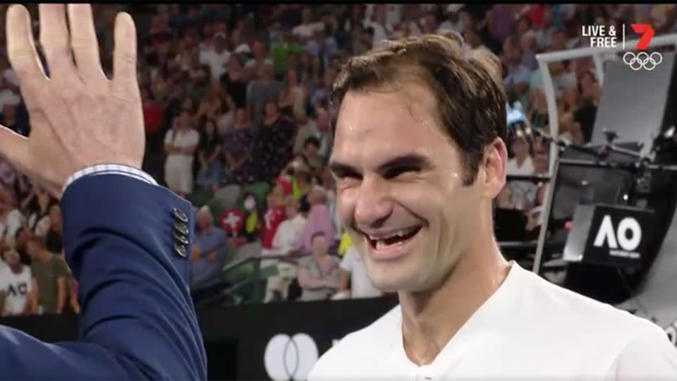 Federer had fans in hysterics after a cheeky request from Courier. Pic: Ch7