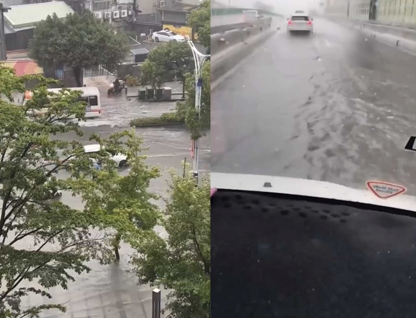 北市建國高架以及台北中山北路5段淹水。（圖／爆料公社）