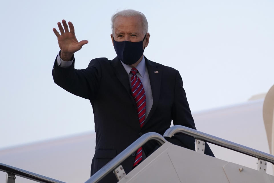 President Joe Biden boards Air Force One at Andrews Air Force Base, Md., Friday, Feb. 5, 2021. Biden is spending the weekend at his home in Delaware. (AP Photo/Patrick Semansky)